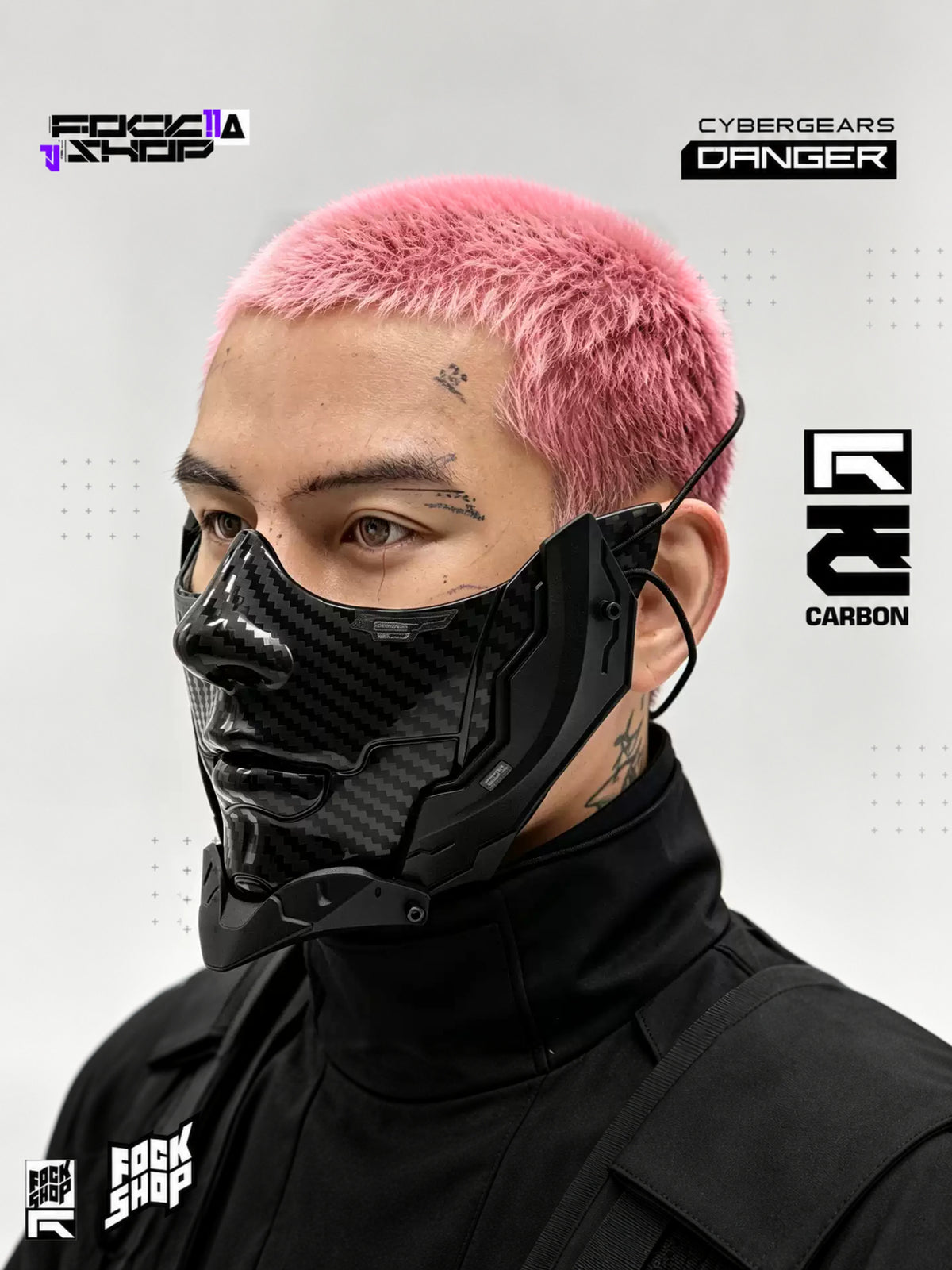 FOCKSHOP CARBON bionic face mask — pink-haired model in a close three-quarter view