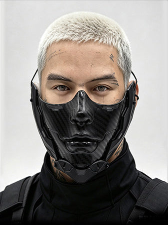 FOCKSHOP CARBON bionic face mask — straight-on modeled view showing the full face silhouette