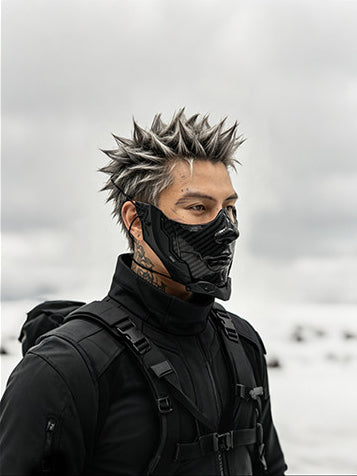FOCKSHOP CARBON bionic face mask — wider modeled view with spiked hair and visible attachment cords