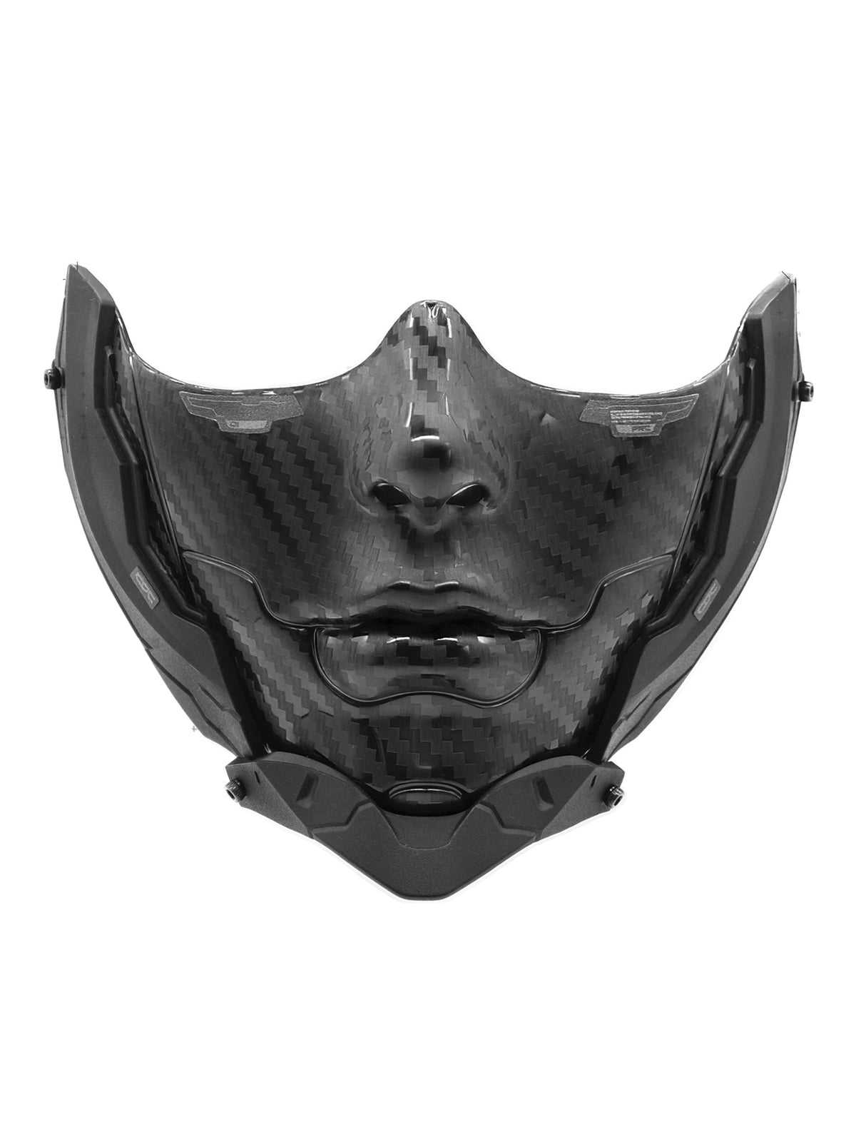 FOCKSHOP CARBON bionic face mask — front product-only view showing the sculpted face and embossed carbon pattern