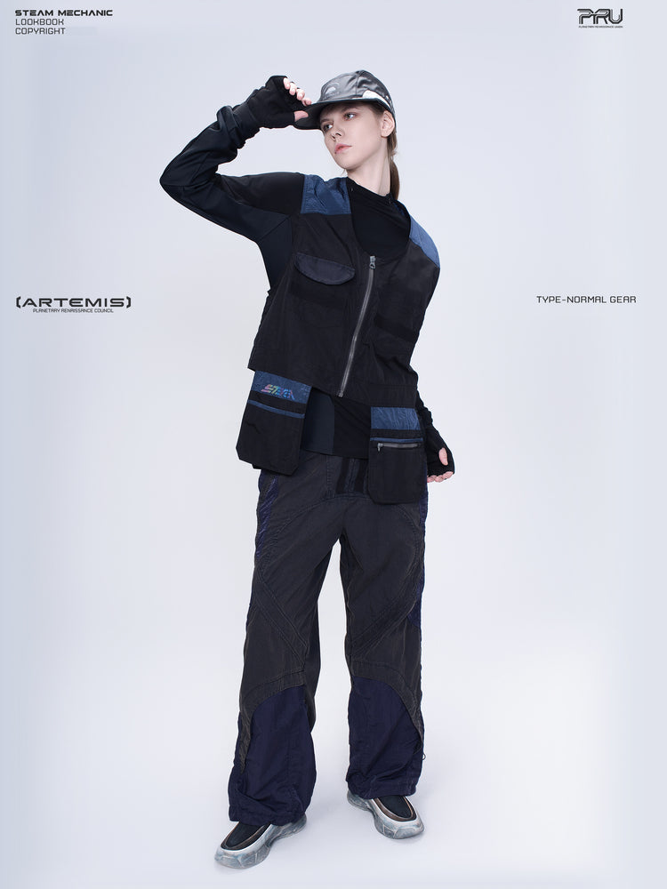 PIONEER stardust black multi-pocket technical vest — full-length modeled front view with raised hand