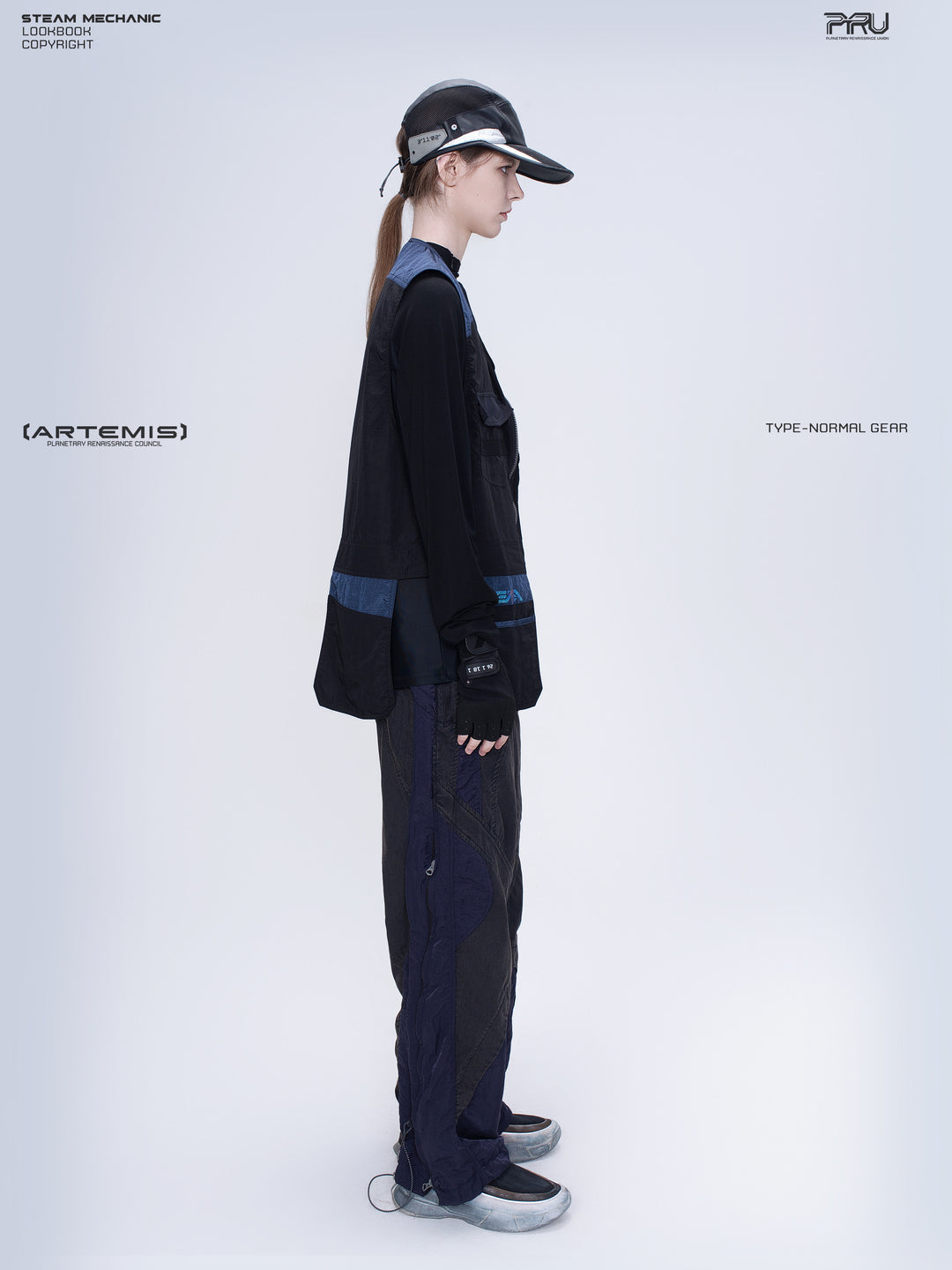 PIONEER stardust black multi-pocket technical vest — full-length modeled side view showing the vest profile