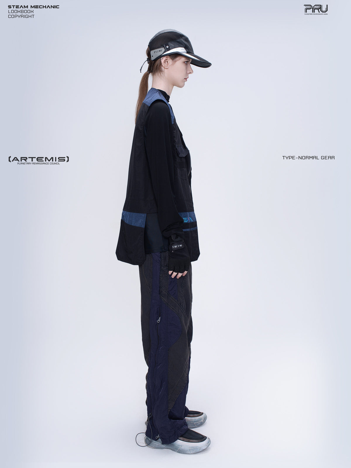 PIONEER stardust black multi-pocket technical vest — full-length modeled side view showing the vest profile