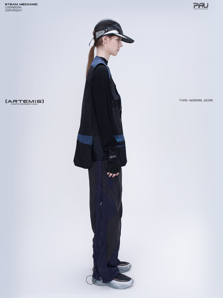 PIONEER stardust black multi-pocket technical vest — full-length modeled side view showing the vest profile