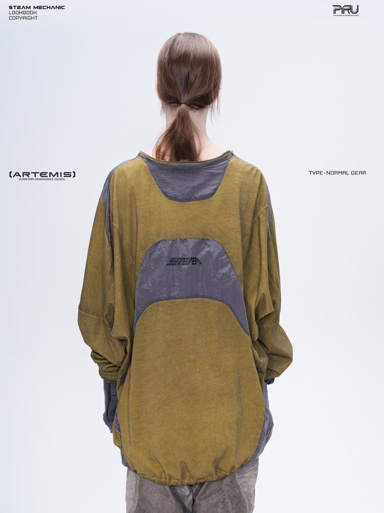 PIONEER mars yellow drawstring commuter sweatshirt — modeled back view showing contrasting curved panels