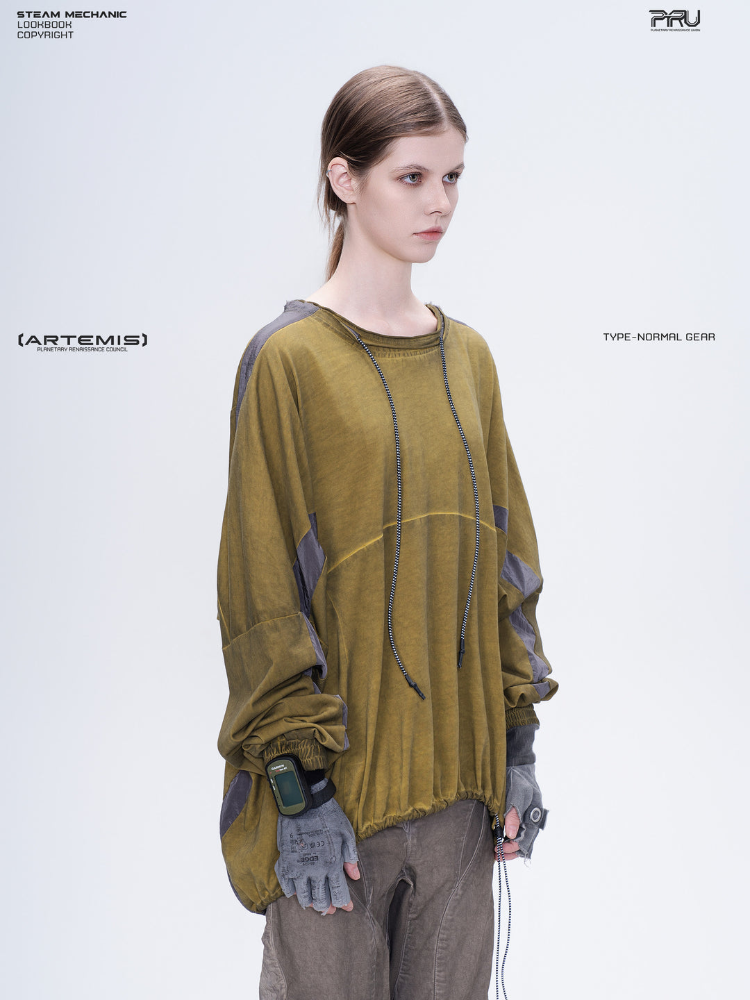 PIONEER mars yellow drawstring commuter sweatshirt — modeled three-quarter view showing the relaxed silhouette
