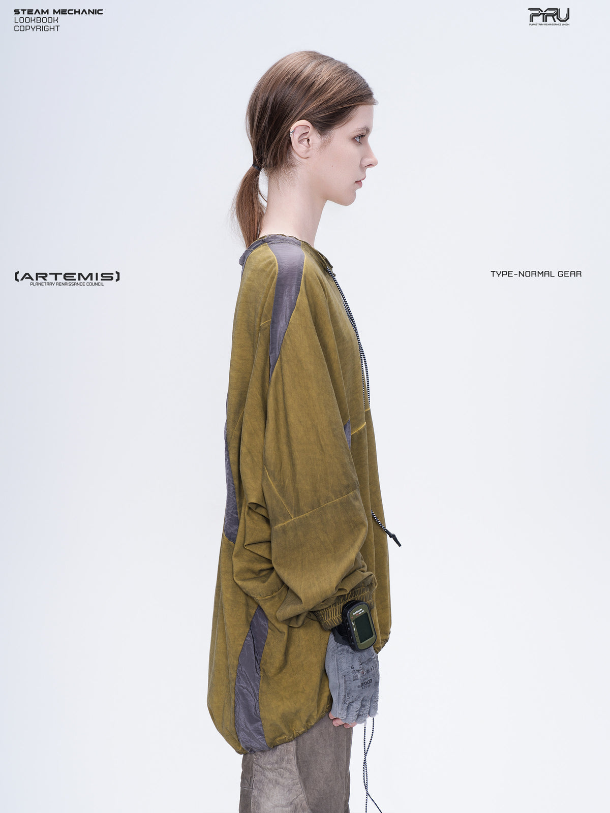 PIONEER mars yellow drawstring commuter sweatshirt — modeled side view showing the curved hem and sleeve panels