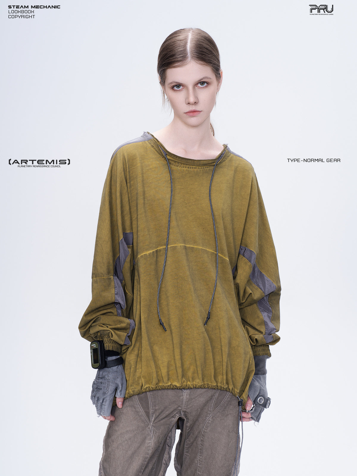 PIONEER mars yellow drawstring commuter sweatshirt — modeled front view showing the drawstrings and shoulder panels