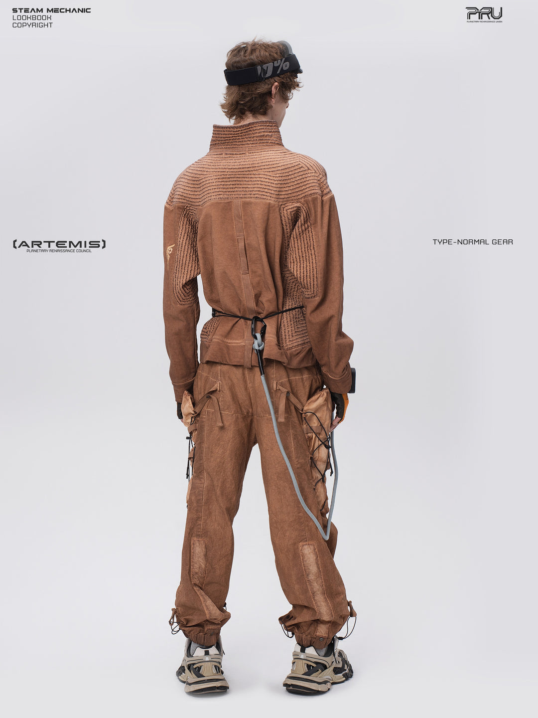 PIONEER venus orange distressed protection zip jacket — full-length modeled back view showing the shoulder yoke