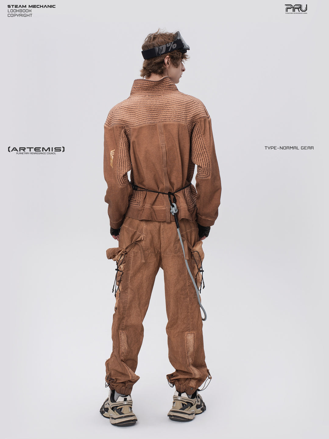 PIONEER venus orange distressed protection zip jacket — full-length modeled back view showing the raised collar