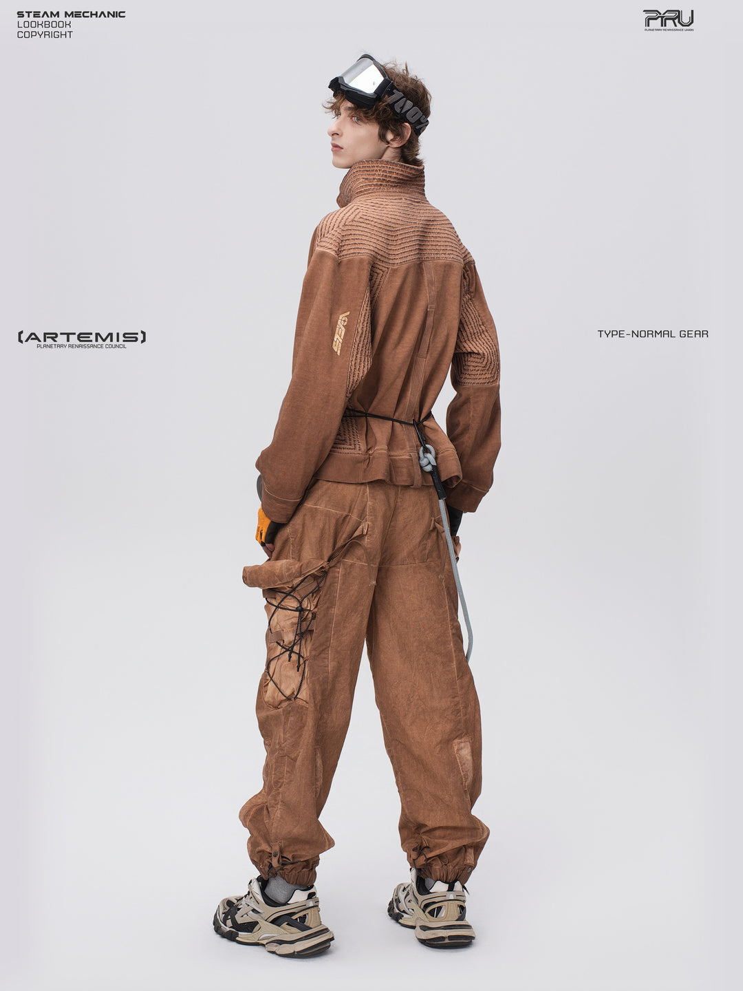 PIONEER venus orange distressed protection zip jacket — full-length modeled rear three-quarter view with head turned