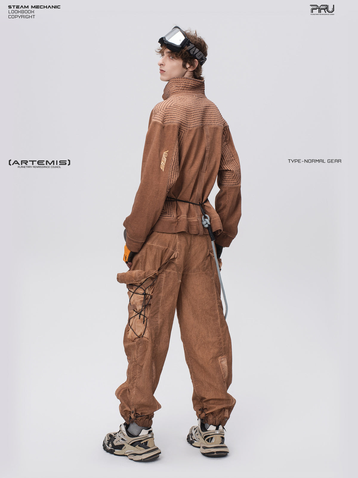 PIONEER venus orange distressed protection zip jacket — full-length modeled rear three-quarter view with head turned