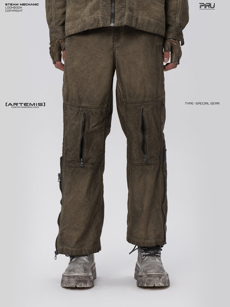 PIONEER knee-mesh utility work pants in lunar soil green — front modeled close view showing knee zippers