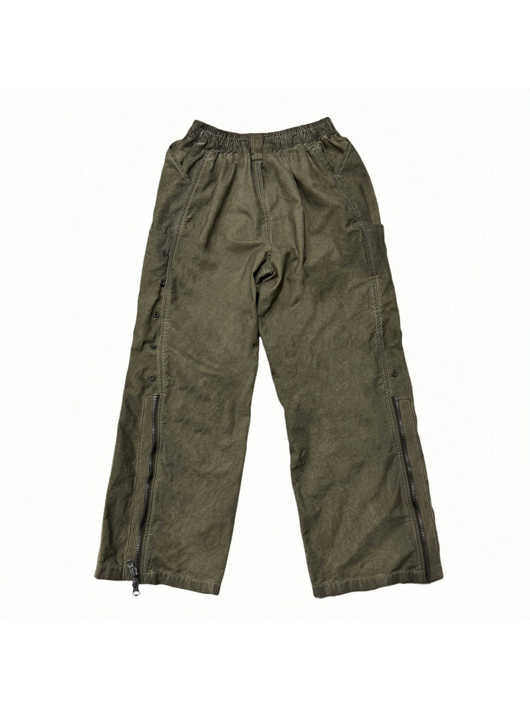 PIONEER knee-mesh utility work pants in lunar soil green — back flat lay showing elasticated waist