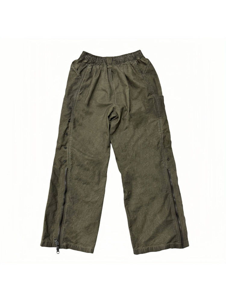 PIONEER knee-mesh utility work pants in lunar soil green — back flat lay showing elasticated waist
