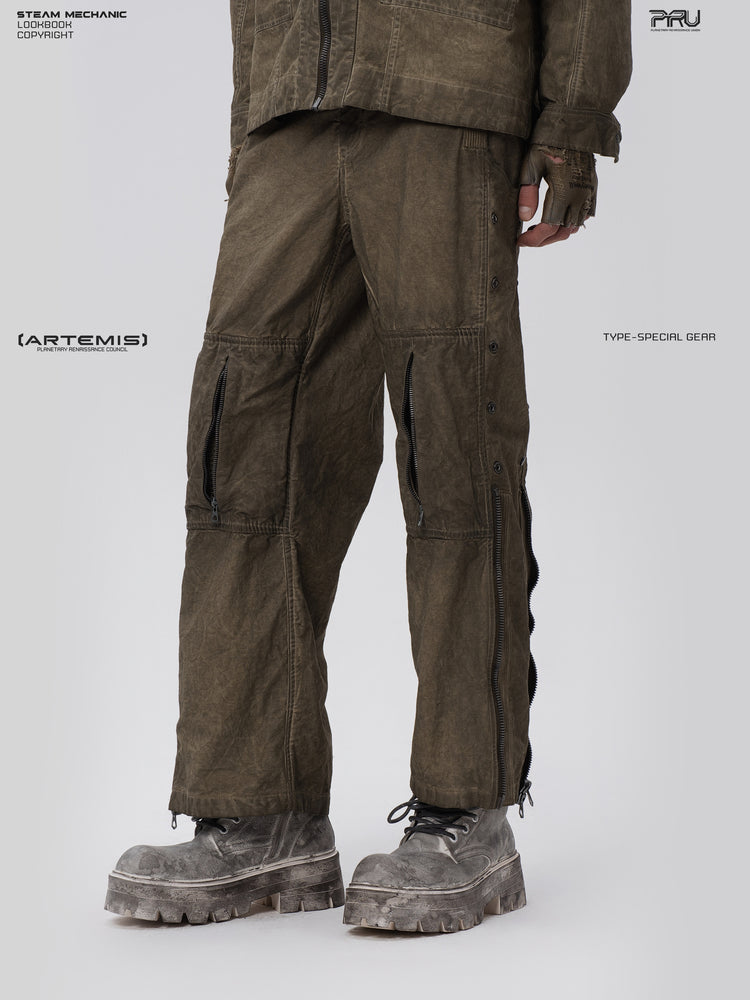 PIONEER knee-mesh utility work pants in lunar soil green — three-quarter modeled close view showing outer-leg eyelets