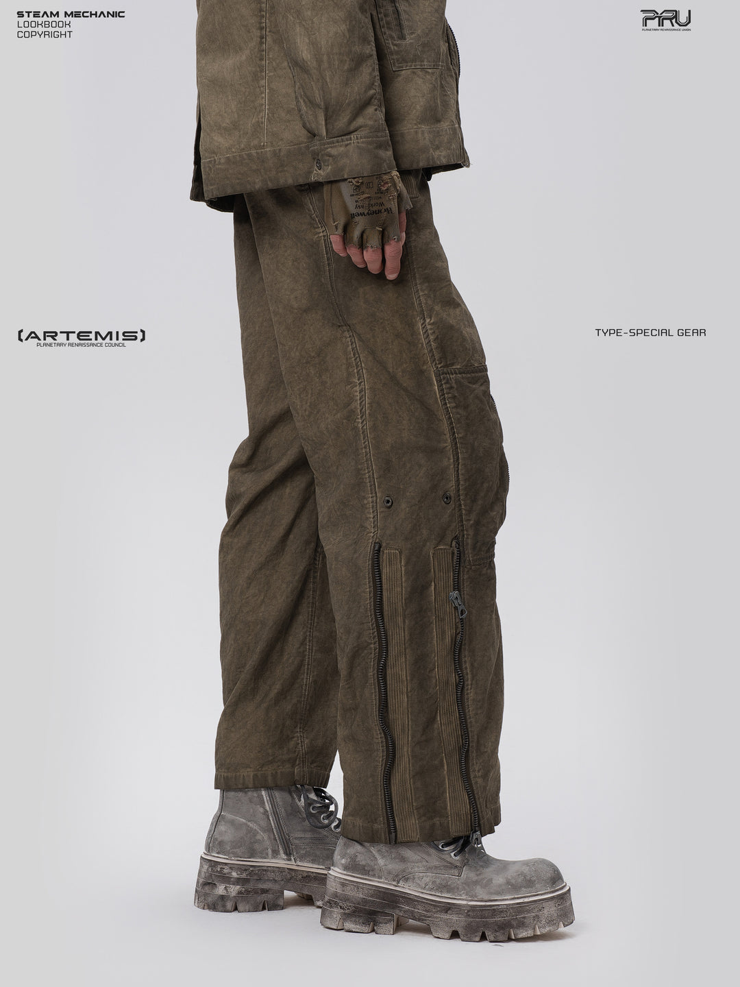 PIONEER knee-mesh utility work pants in lunar soil green — opposite side modeled close view