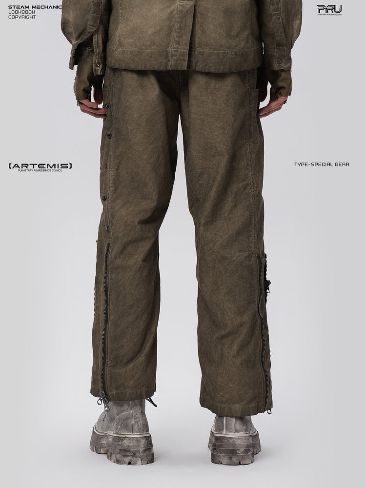 PIONEER knee-mesh utility work pants in lunar soil green — back modeled close view