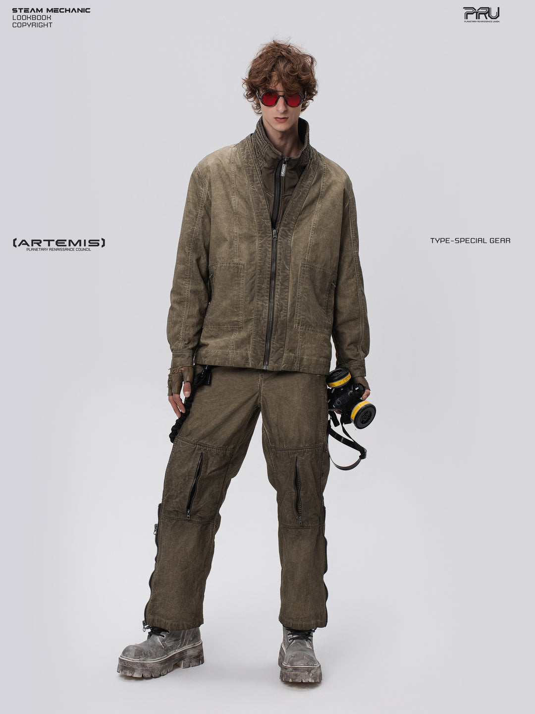 PIONEER knee-mesh utility work pants in lunar soil green — full-length front styling view