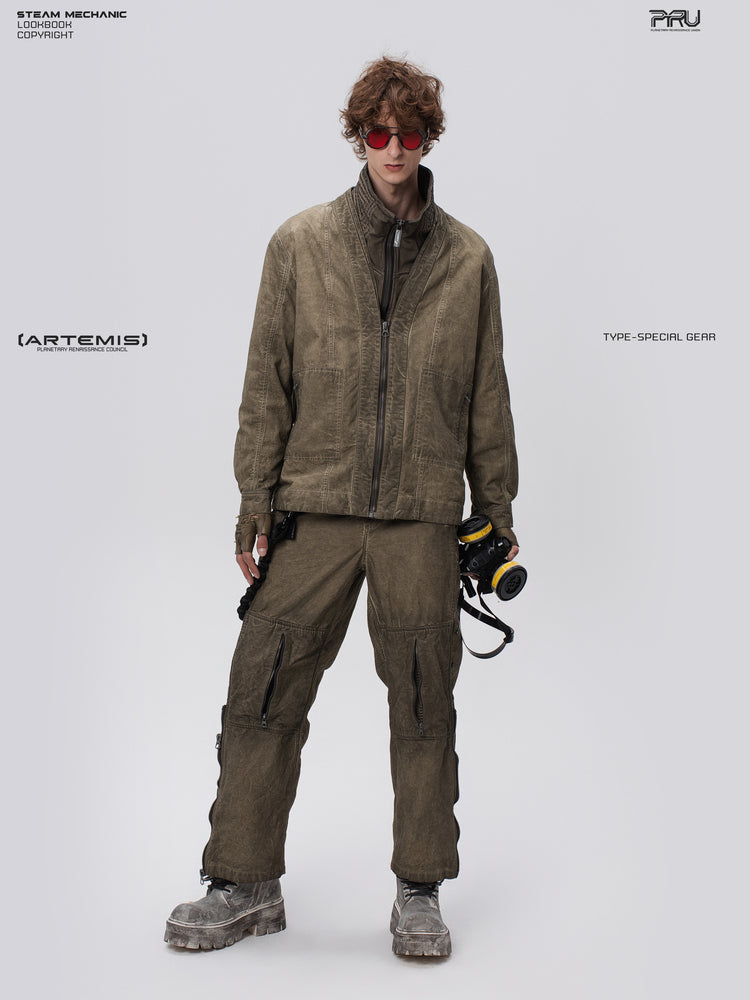 PIONEER knee-mesh utility work pants in lunar soil green — full-length front styling view