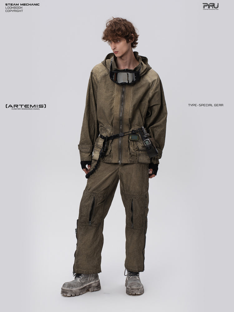 PIONEER knee-mesh utility work pants in lunar soil green — full-length modeled view with utility styling