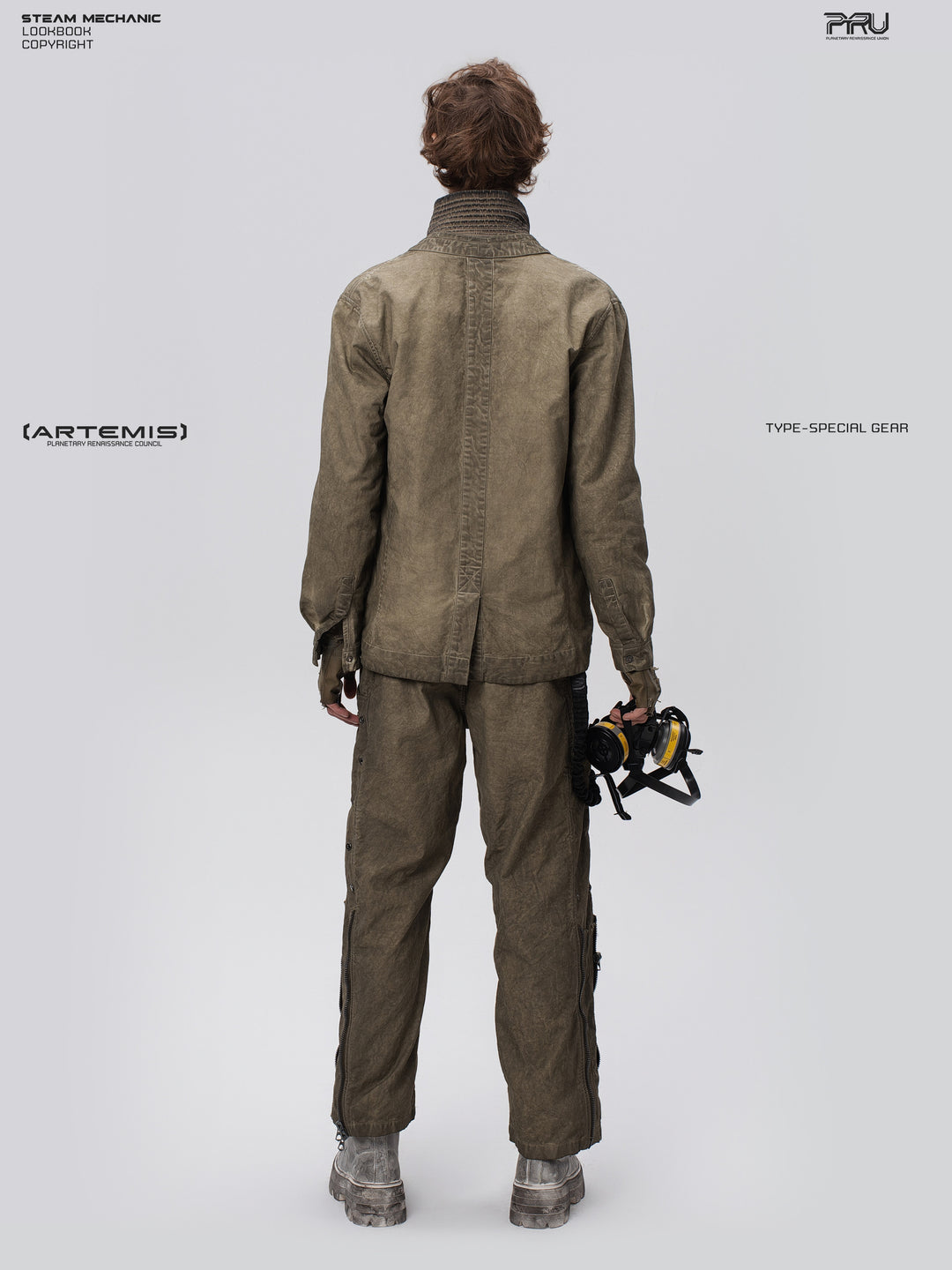 PIONEER knee-mesh utility work pants in lunar soil green — full-length back modeled view