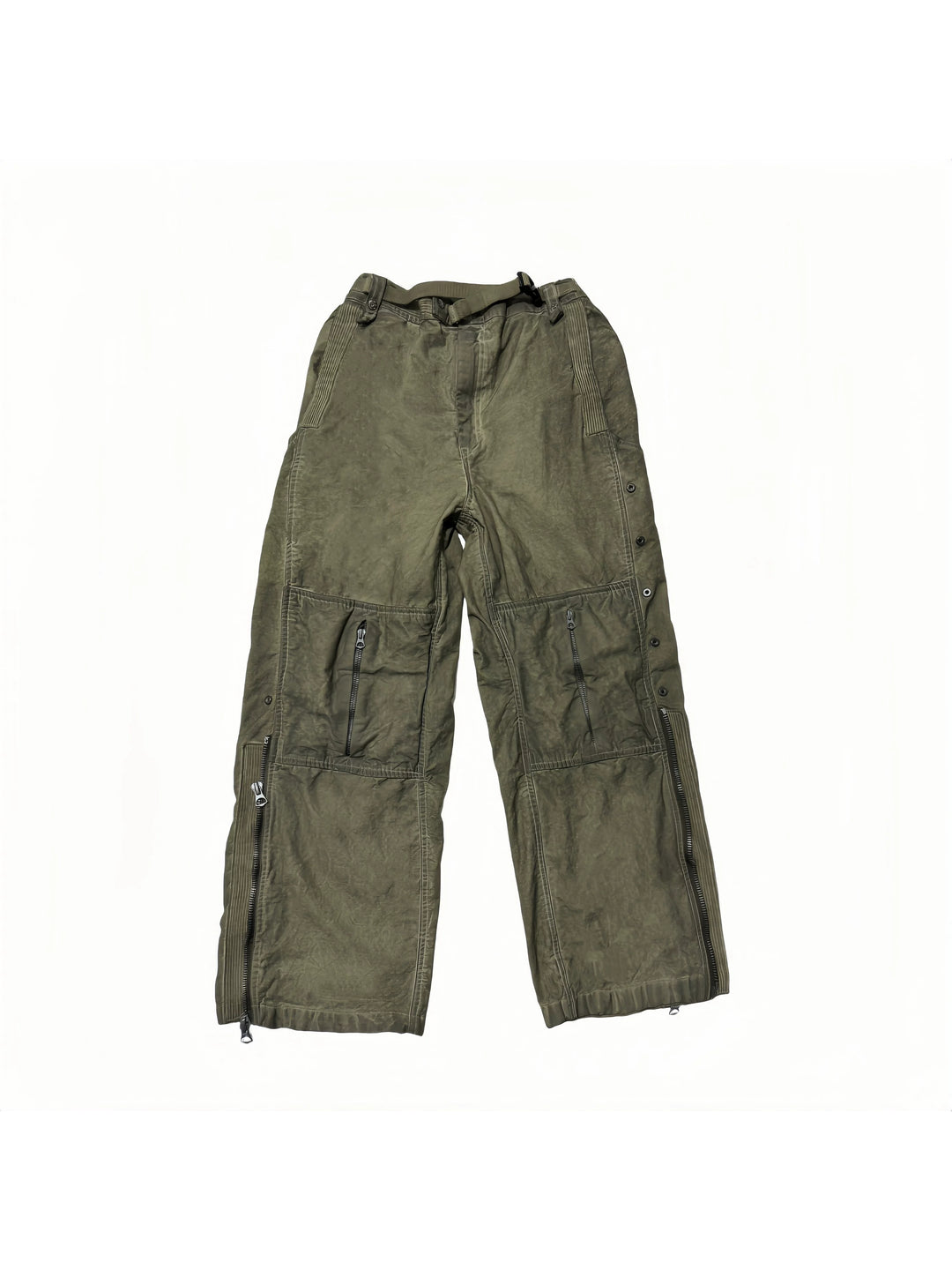 PIONEER knee-mesh utility work pants in lunar soil green — front flat lay showing knee zippers and adjustable waist
