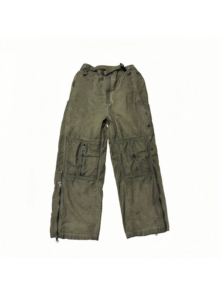 PIONEER knee-mesh utility work pants in lunar soil green — front flat lay showing knee zippers and adjustable waist