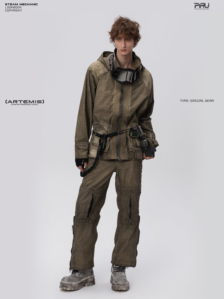 PIONEER knee-mesh utility work pants in lunar soil green — front full-length modeled view showing the knee pockets and straight leg