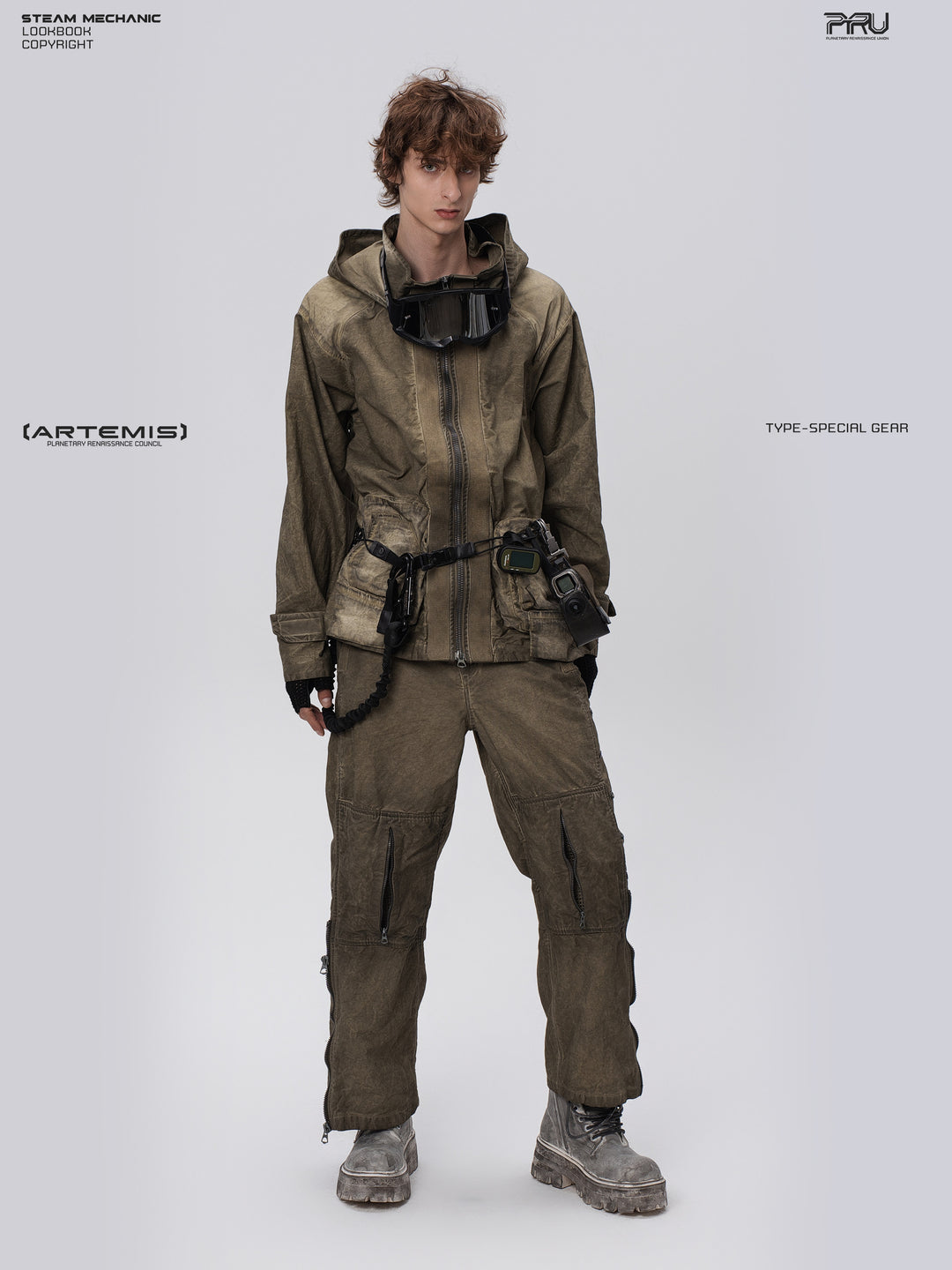 PIONEER knee-mesh utility work pants in lunar soil green — front full-length modeled view with a utility belt