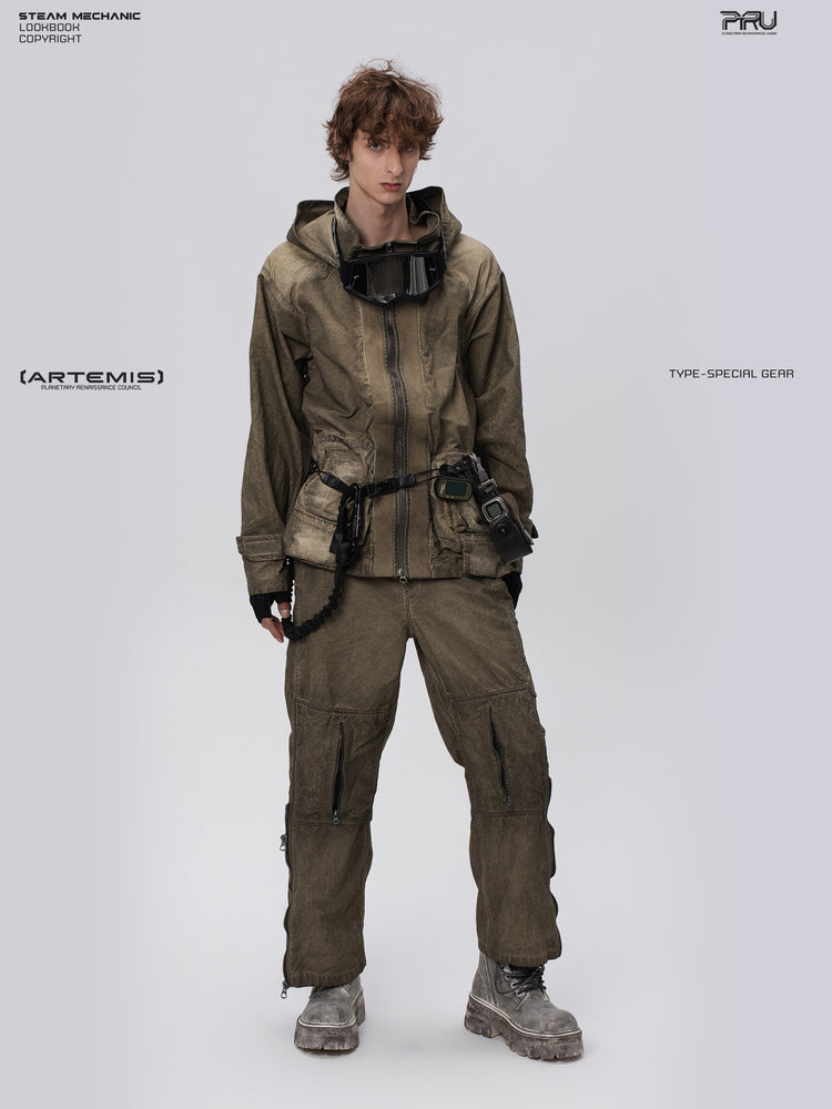 PIONEER knee-mesh utility work pants in lunar soil green — front full-length modeled view with a utility belt