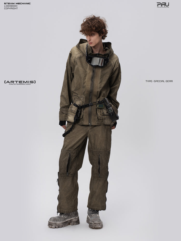 PIONEER knee-mesh utility work pants in lunar soil green — alternate front full-length modeled pose showing the relaxed leg shape