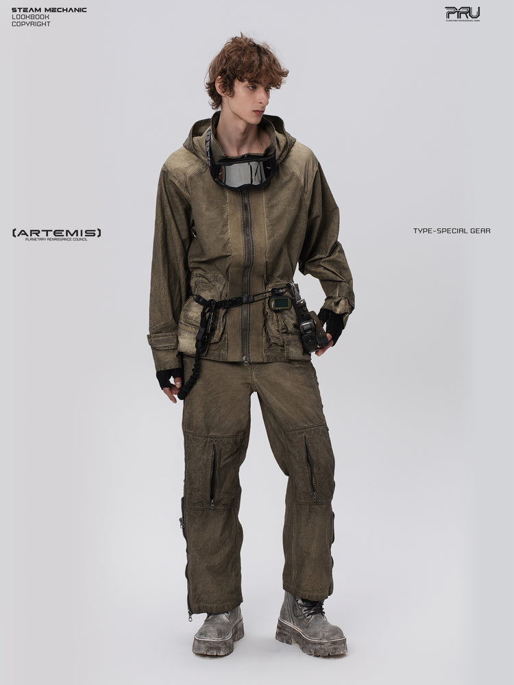 PIONEER knee-mesh utility work pants in lunar soil green — three-quarter full-length modeled view with one hand at the hip
