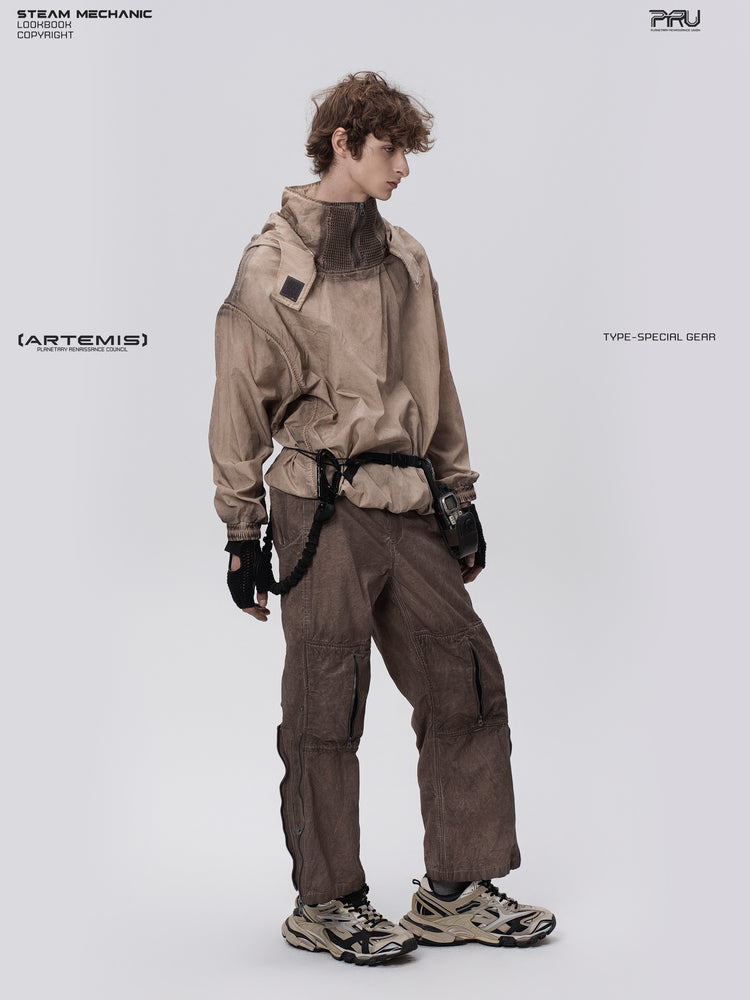 PIONEER knee-mesh utility work pants in ochre brown — side full-length modeled view showing the knee zipper and leg fasteners