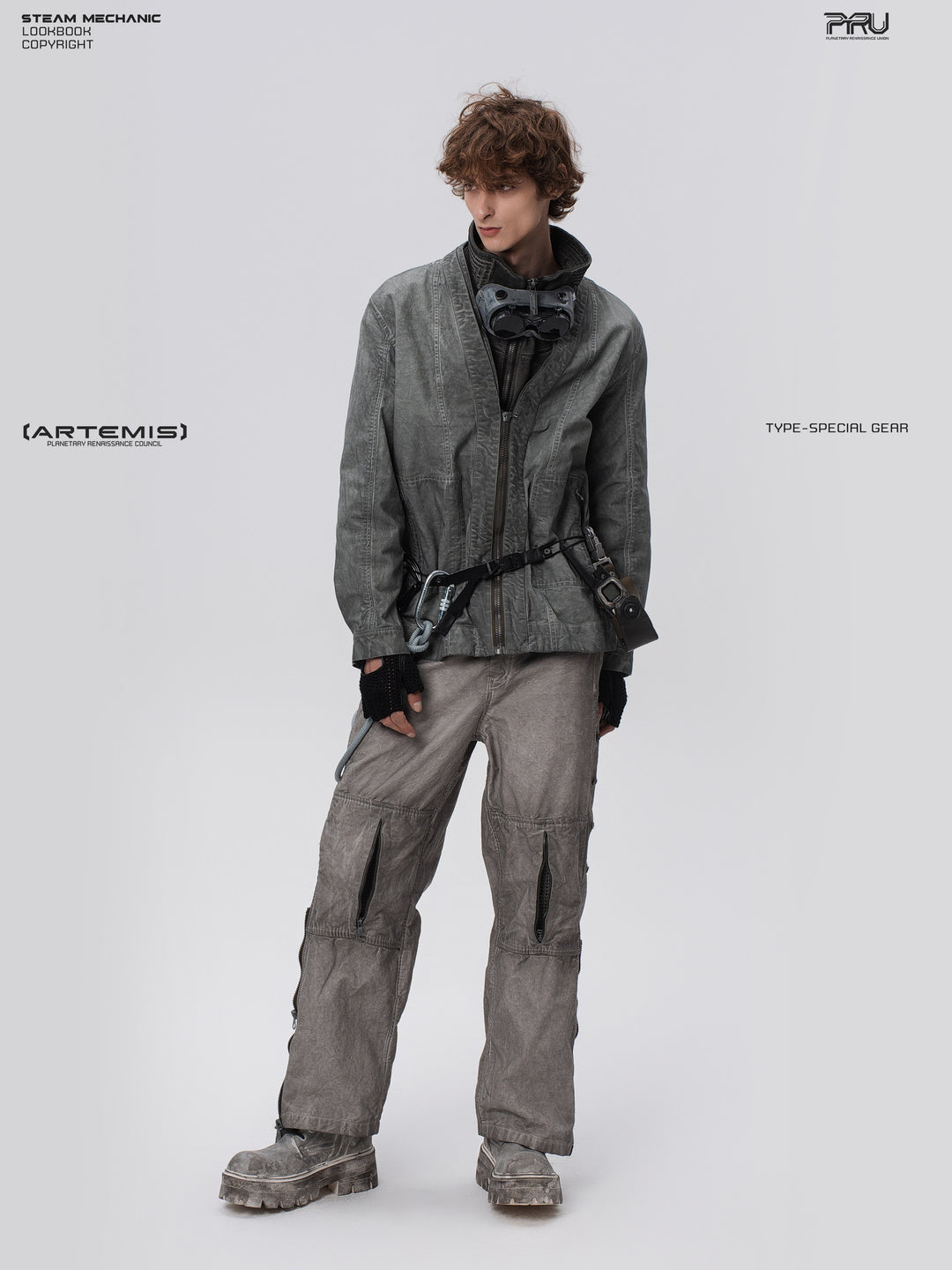 PIONEER meteor gray knee-mesh utility work pants — full-length modeled front view showing knee mesh panels