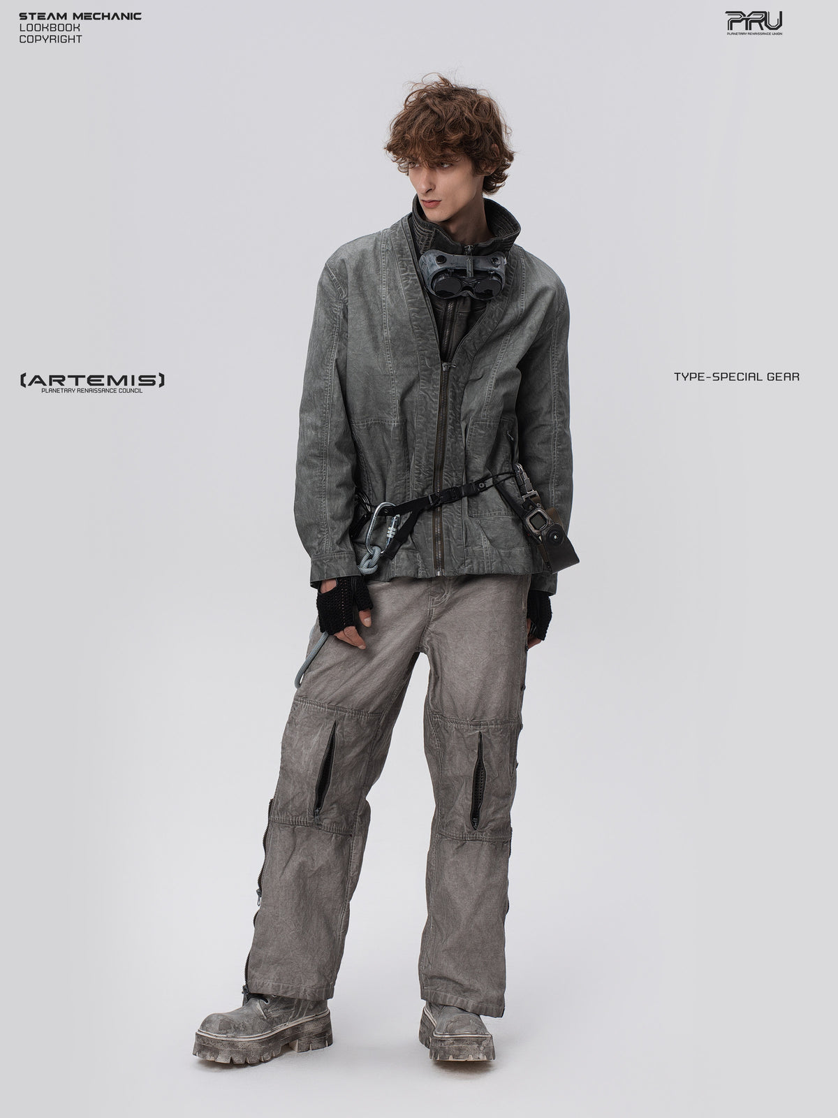 PIONEER meteor gray knee-mesh utility work pants — full-length modeled front view showing knee mesh panels