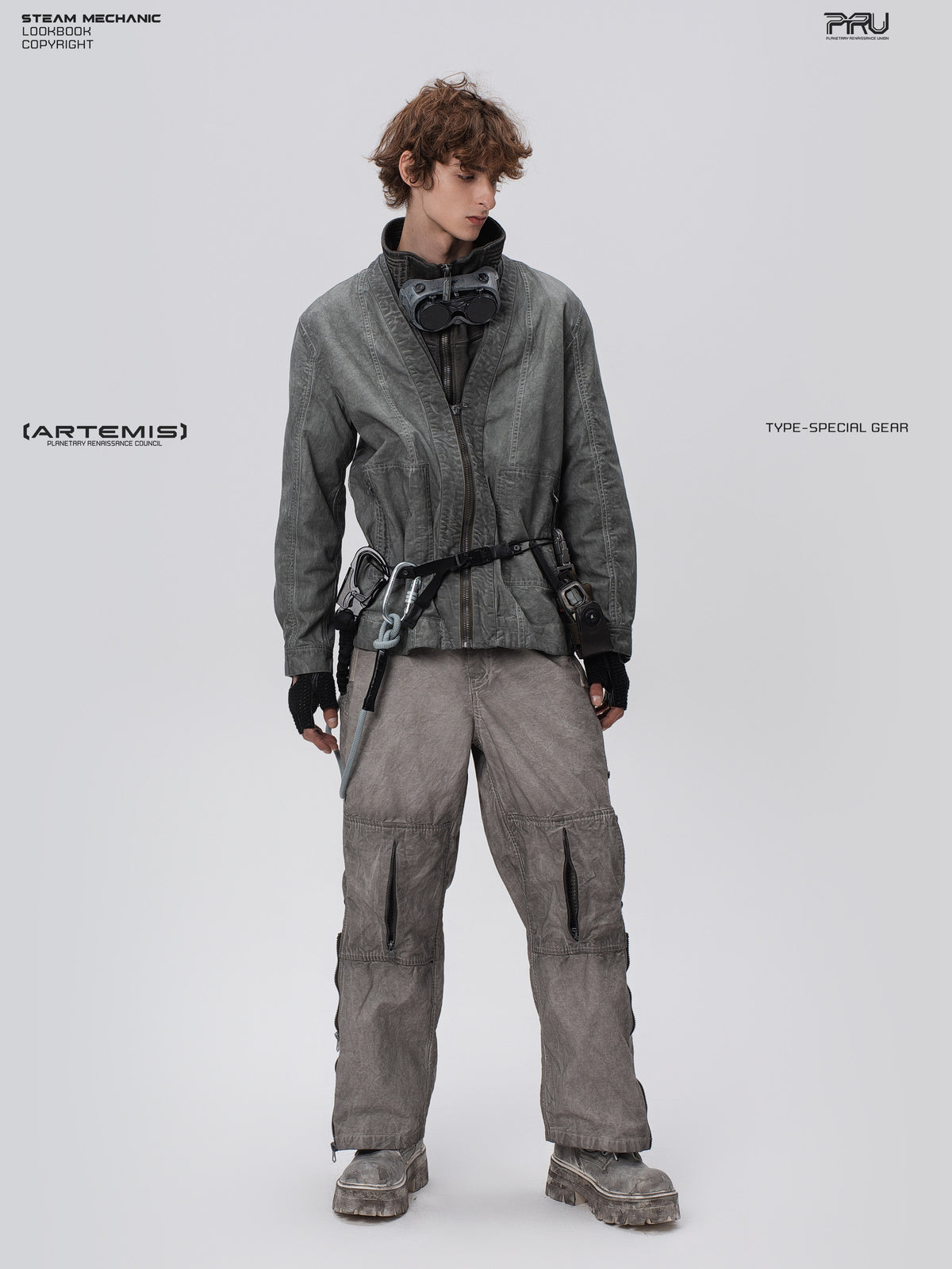 PIONEER meteor gray knee-mesh utility work pants — full-length modeled front view with head turned