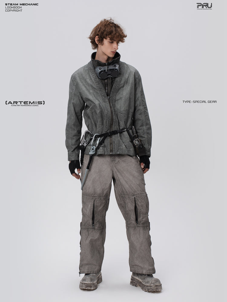 PIONEER meteor gray knee-mesh utility work pants — full-length modeled front view with head turned