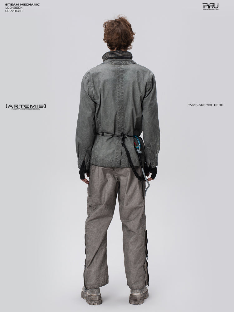 PIONEER meteor gray knee-mesh utility work pants — full-length modeled rear view showing the straight leg silhouette