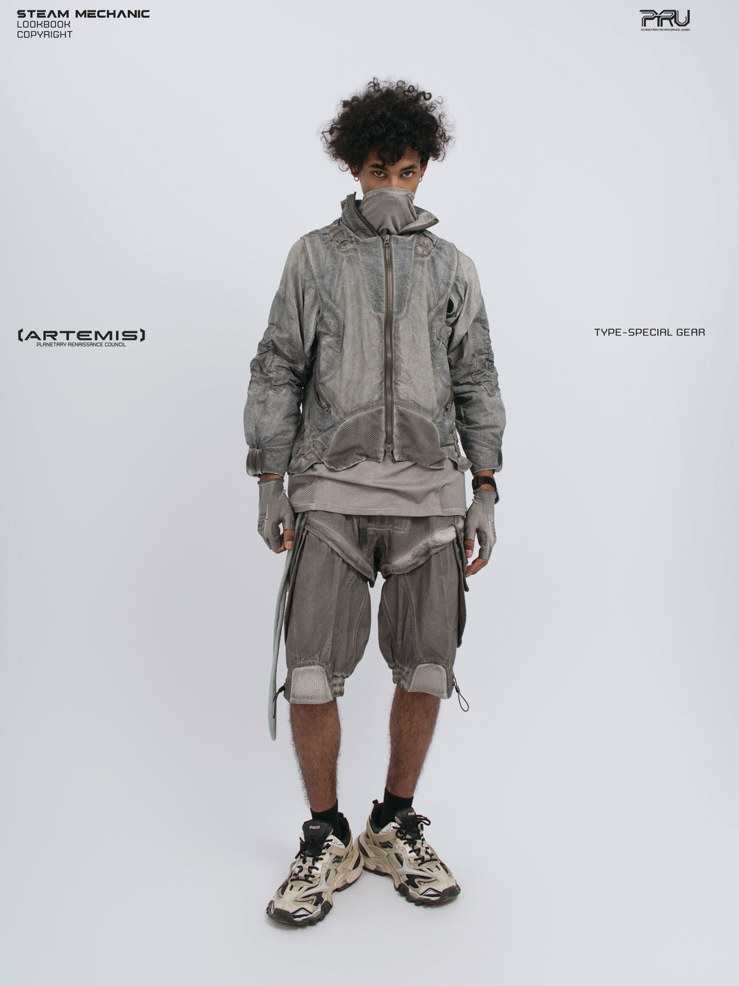 ARTEMIS xirang brown detachable technical shorts — front full-outfit view styled with the coordinating utility jacket