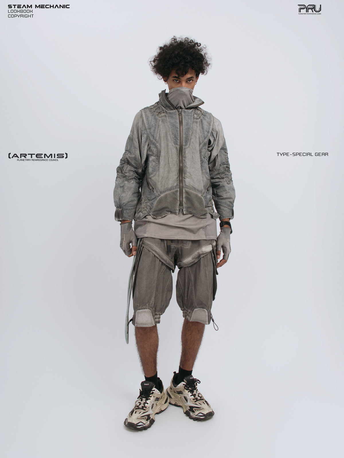 ARTEMIS xirang brown detachable technical shorts — front full-outfit view styled with the coordinating utility jacket