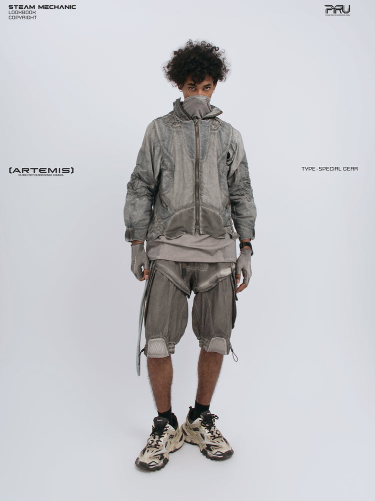 ARTEMIS xirang brown detachable technical shorts — front full-outfit view styled with the coordinating utility jacket