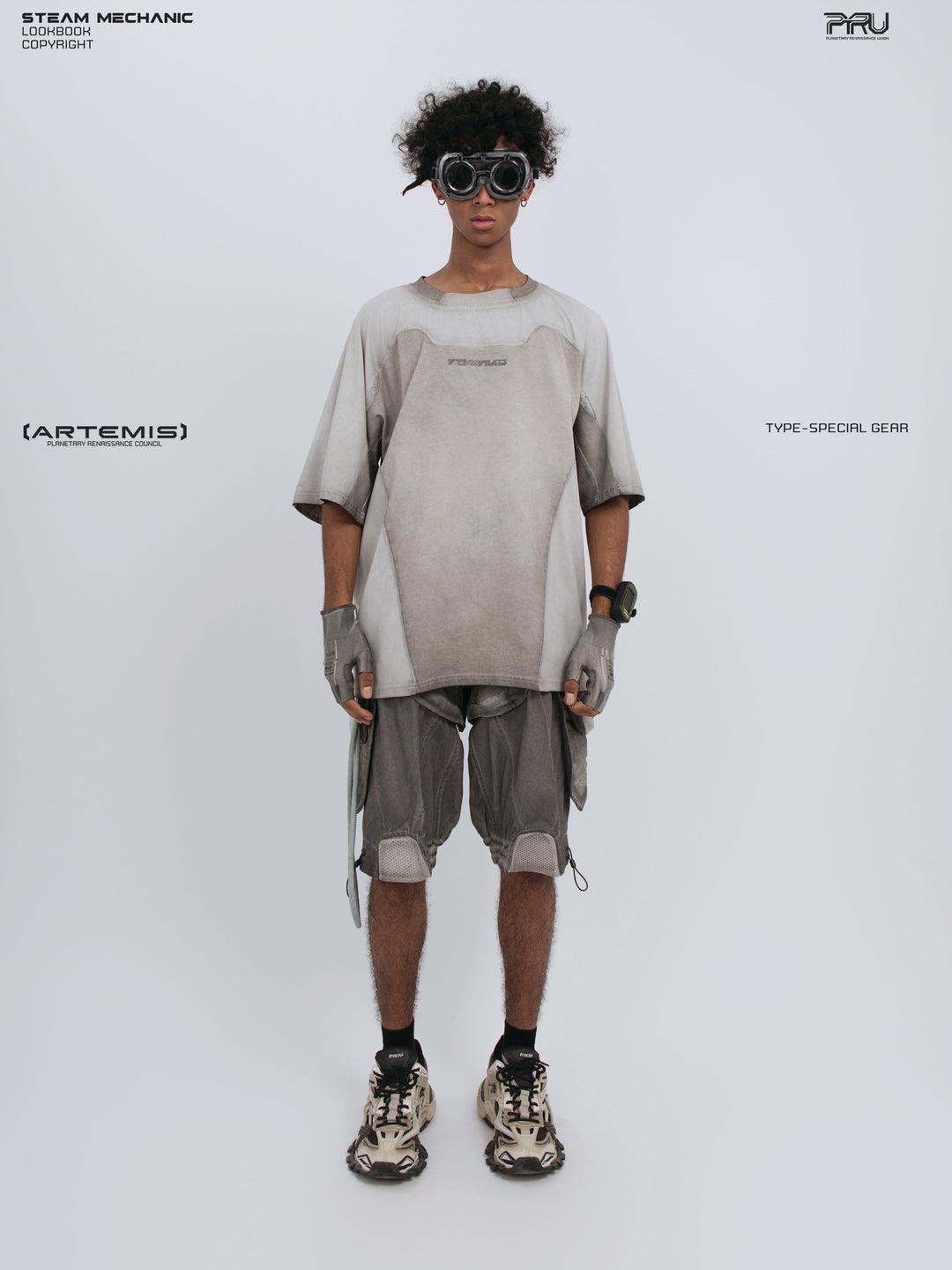 ARTEMIS xirang brown detachable technical shorts — straight front full-outfit view styled with a loose tee