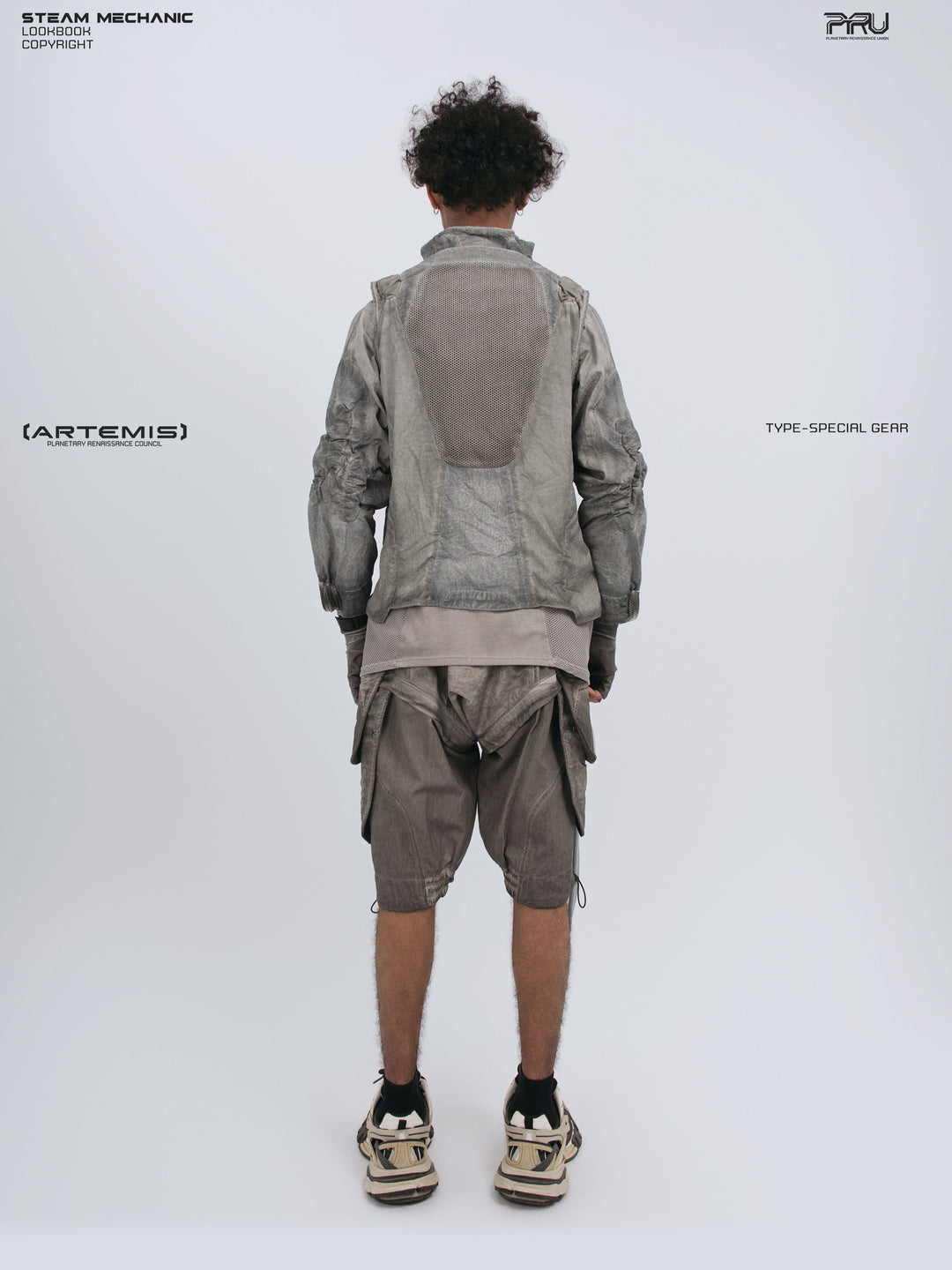 ARTEMIS xirang brown detachable technical shorts — back full-outfit view styled with the coordinating jacket