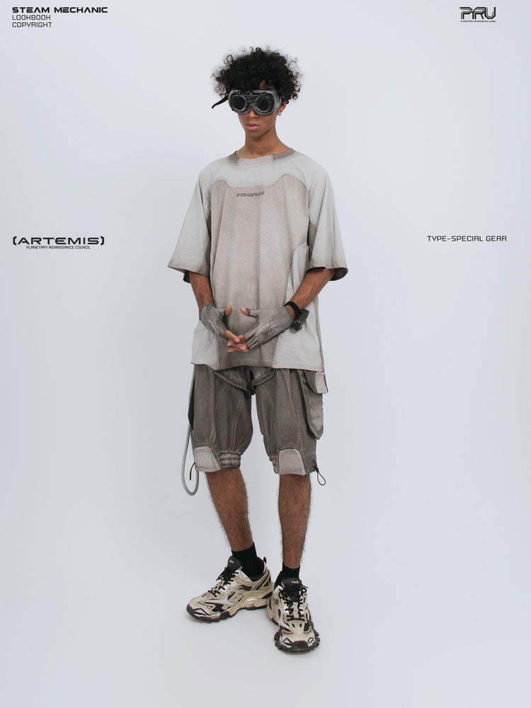 ARTEMIS xirang brown detachable technical shorts — front three-quarter full-outfit view with clasped hands