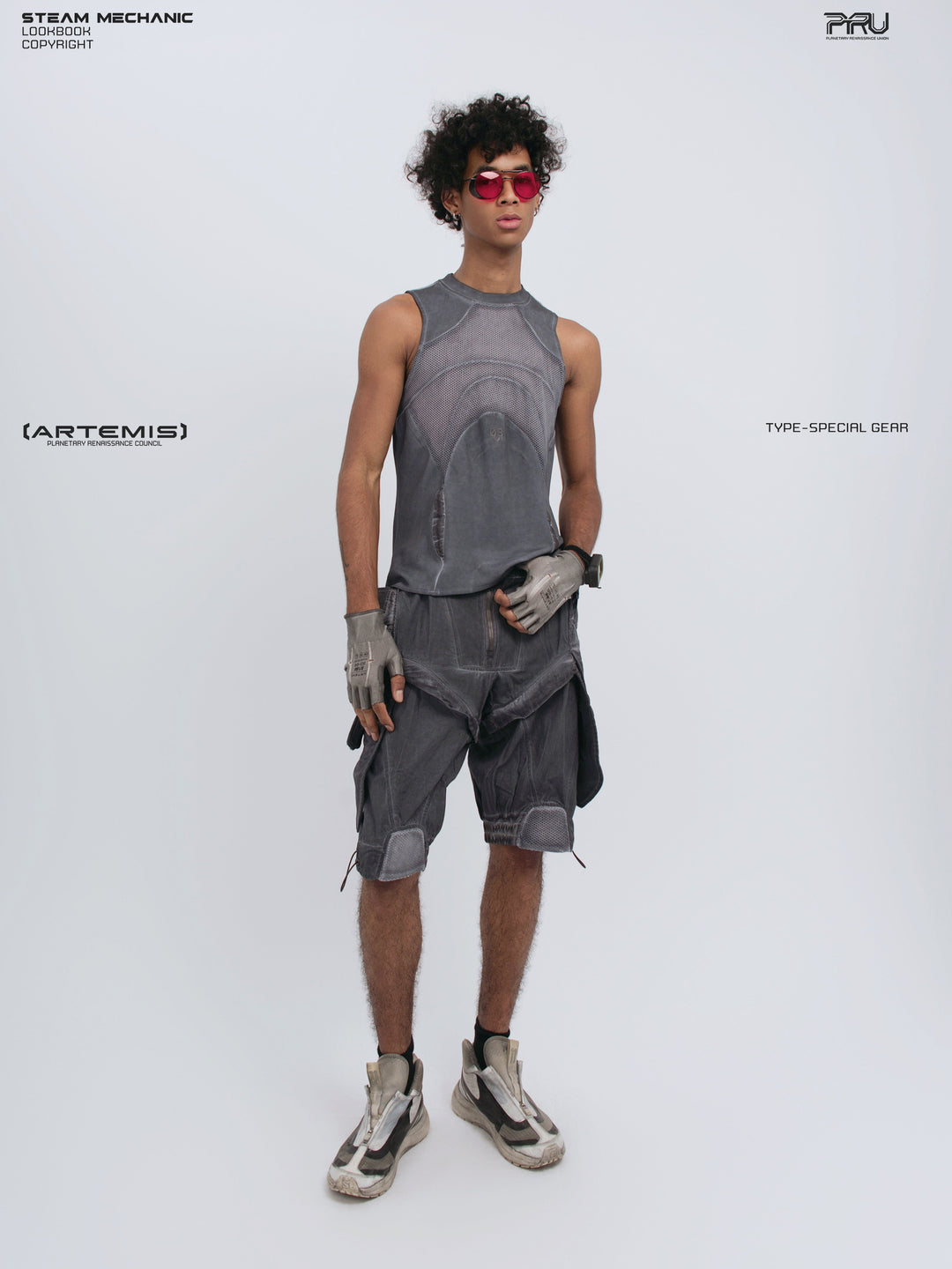 ARTEMIS stellar blue detachable technical shorts — front full-outfit view styled with a matching tank