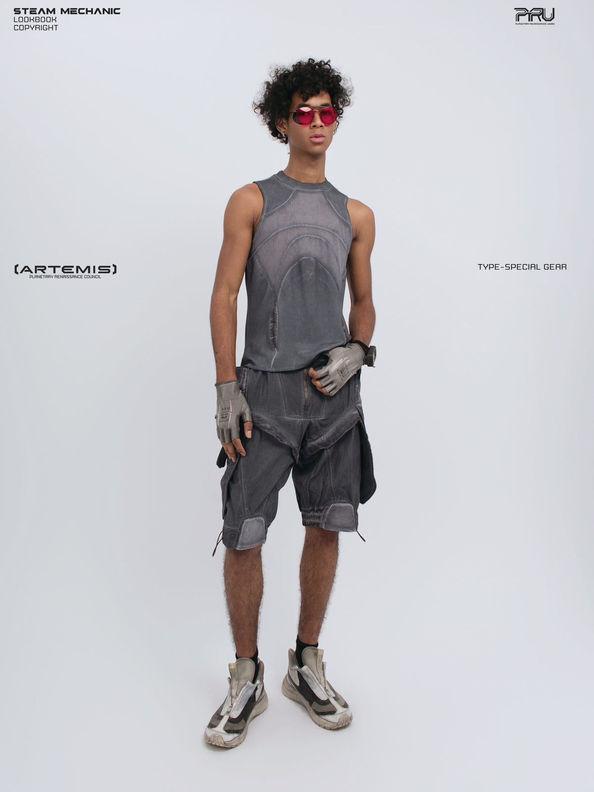 ARTEMIS stellar blue detachable technical shorts — front full-outfit view styled with a matching tank