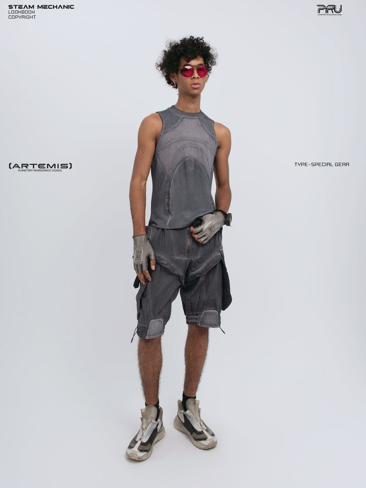 ARTEMIS stellar blue detachable technical shorts — front full-outfit view styled with a matching tank