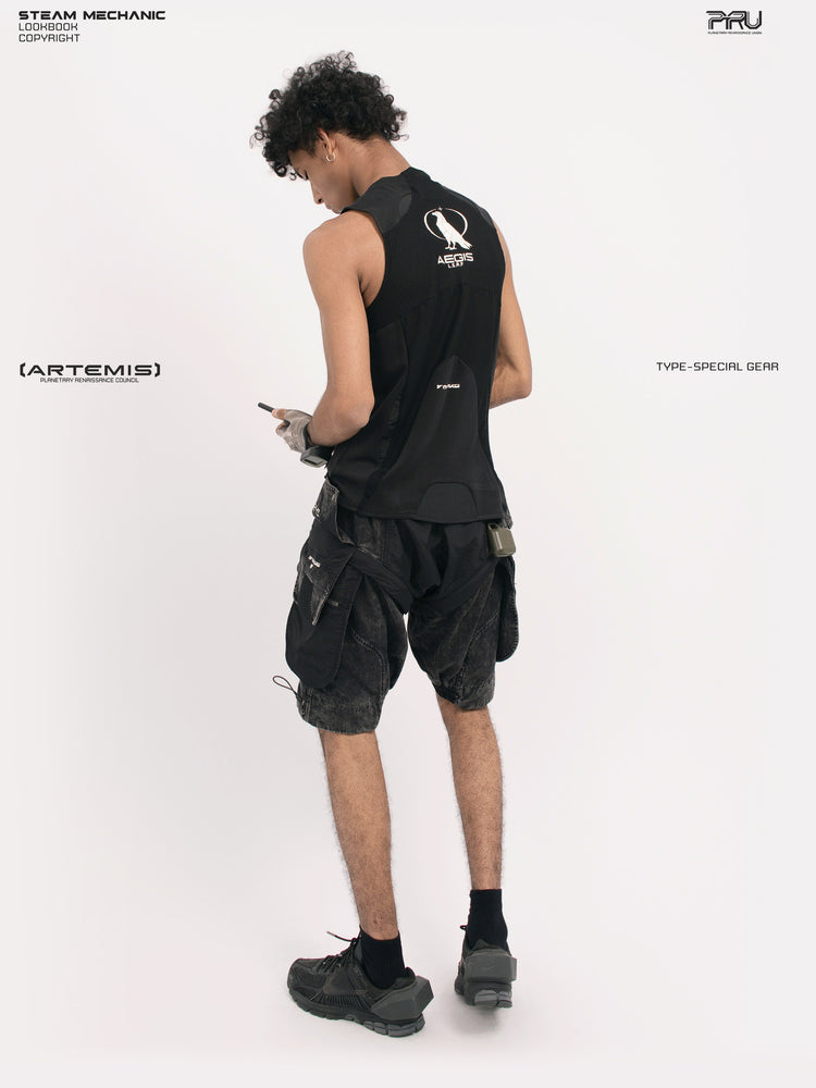 ARTEMIS blackbird black detachable technical shorts — rear three-quarter full-outfit view showing the side cargo pocket