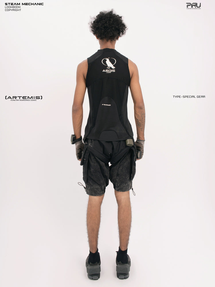 ARTEMIS blackbird black detachable technical shorts — straight back full-outfit view showing the rear shorts panels